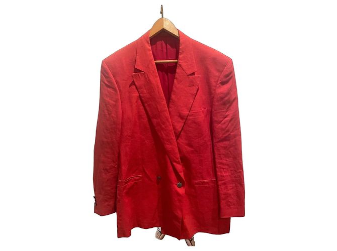 V2 By Versace Red Linen Double-Breasted Blazer