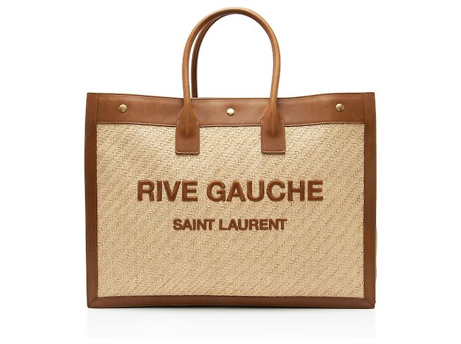 Tote Large Rive Gauche in Raffia e Pelle di Vitello Saint Laurent Marrone