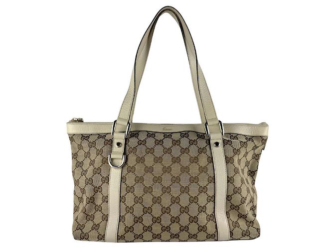 Bolsa de mão em lona e couro Gucci Marrom Cru