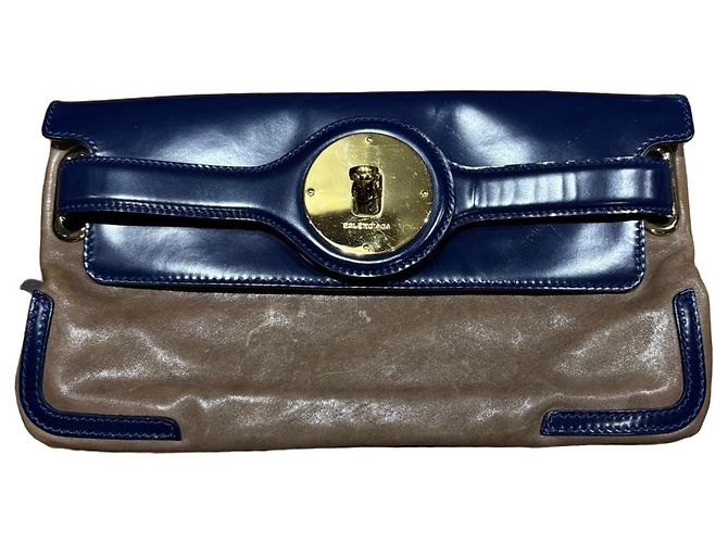 Balenciaga Leder-Clutch Braun Blau