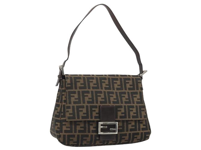 FENDI Zucca Canvas Mamma Baguette Shoulder Bag Black Brown Auth BA13529V