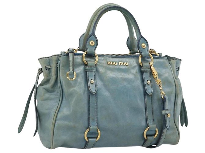 Bolsa Miu Miu de couro 2way azul claro ouro Auth 187433 Dourado