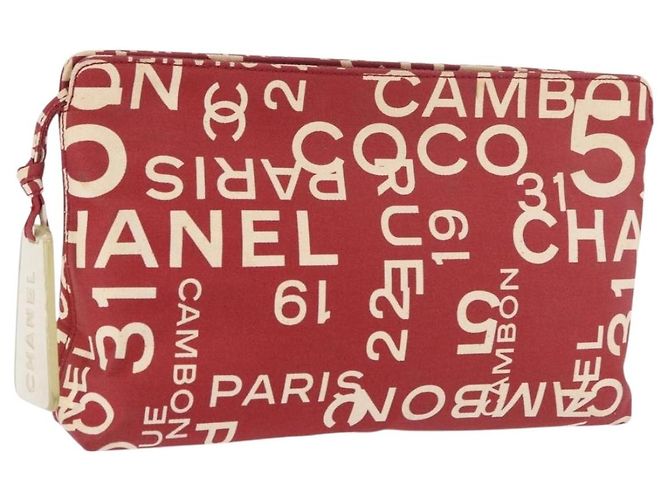 CHANEL Bysy Line Clutch Canvas Rot Silber CC Authentisch 188217