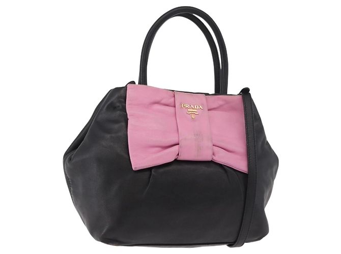 Bolsa PRADA de couro 2way Preta Dourada Auth ka4866 Preto Dourado