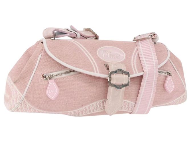 Borsa a Spalla Christian Dior Trotter Canvas Rosa Argento Auth BA13589A