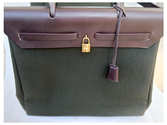 Bolsa Hermès Herbag de lona e couro marrom Verde