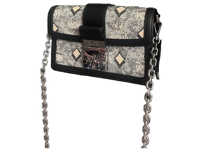 MCM Visetos Monogram Shoulder Bag Black Beige Grey