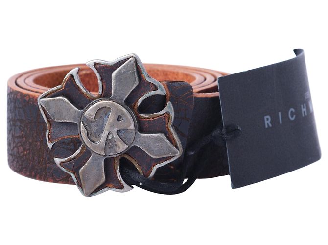 John Richmond Cinto Richmond em couro marrom desgastado com fivela de cruz