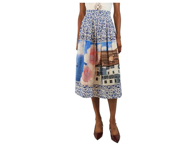Weekend Max Mara Blue cotton printed midi skirt - size UK 4
