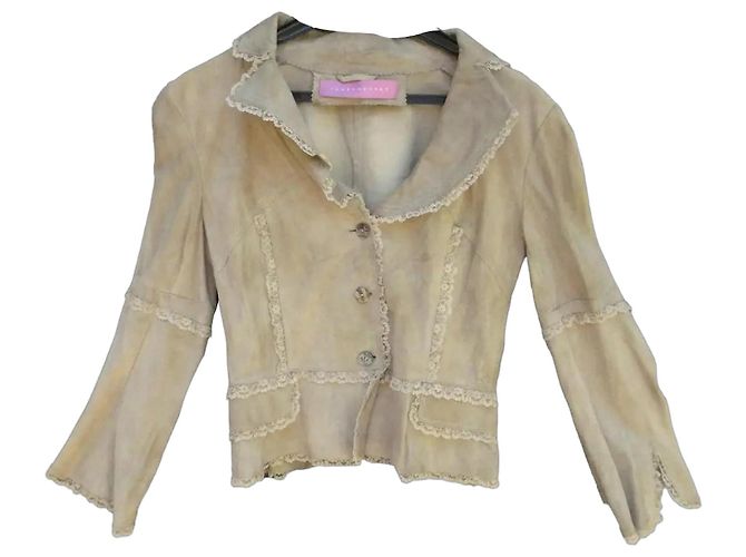 Ventcouvert Beige Suede Lace-Trimmed Short Jacket