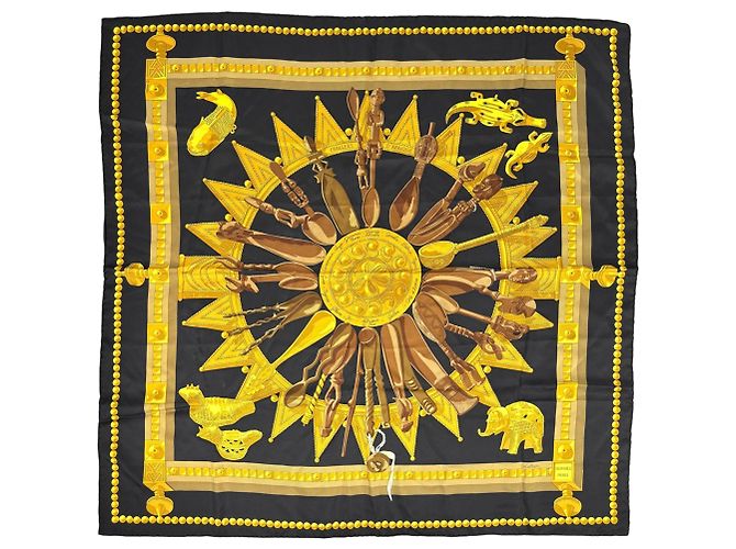 Hermès Sciarpa Carré 90 Cuillers D'AFRIQUE Hermes Nero Giallo
