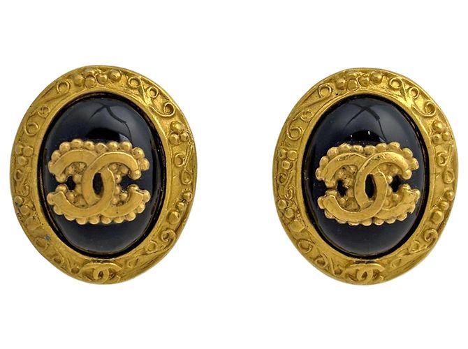 Pendientes Chanel Coco Mark Oval Negro Dorado