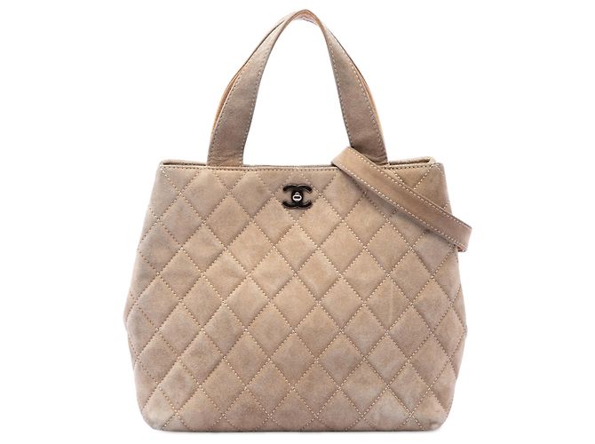 Sac à main Chanel Beige CC en daim matelassé avec fermoir Turnlock