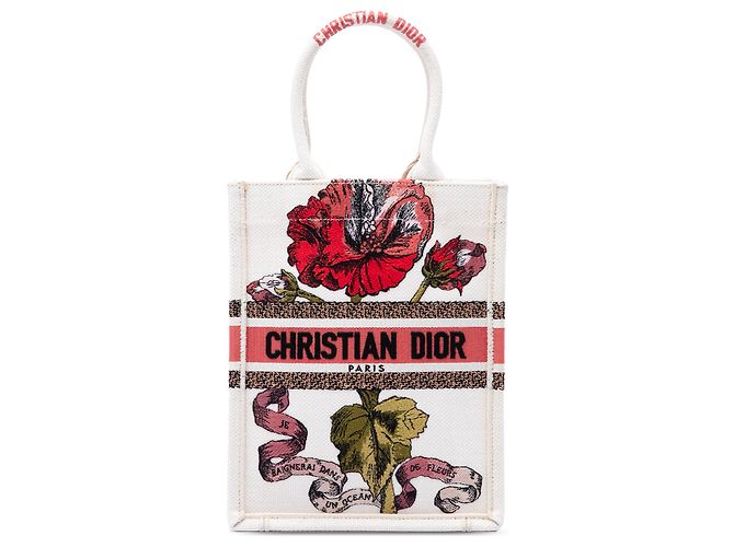 Book Tote Tote vertical Fleurs Bibliques em lona bordada marrom Dior Bege