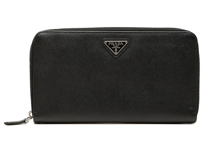 Prada Black Saffiano Zip Around Travel Wallet