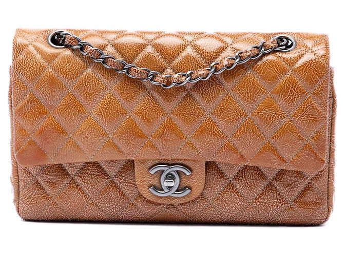 Chanel Brown Medium Classic Crinkled Patent Double Flap Marron Marron clair