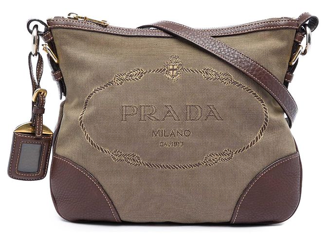 Borsa a tracolla Prada in tela beige Canapa con logo