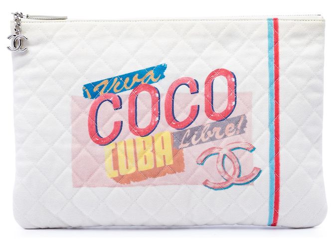 Chanel White Large Quilted Printed Canvas Coco Cuba Libre O Case Clutch Weiß Roh