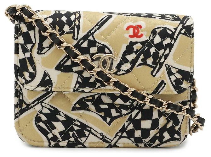Borsa a Spalla Chanel Mini Matelassé Canvas Chain Marrone Beige