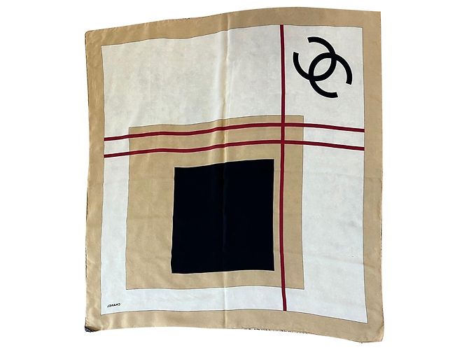 Sciarpa Chanel Beige Black Red Silk Logo Modern Design Bianco