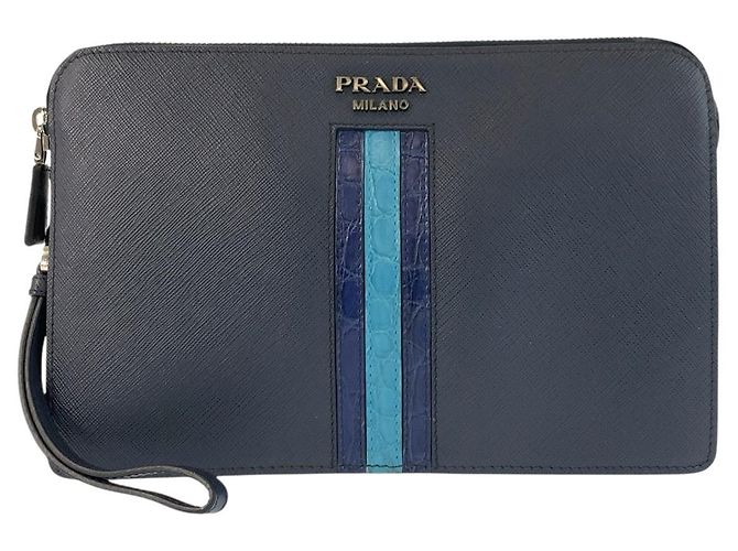 Clutch de couro Saffiano de crocodilo Prada Azul