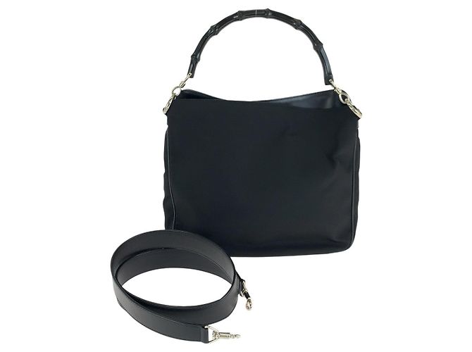 Bamboo Bolso de hombro de nailon y cuero con detalle de bambú Gucci Negro