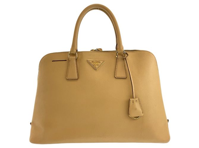 Prada Saffiano Leather Triangle Logo Tote Brown Beige
