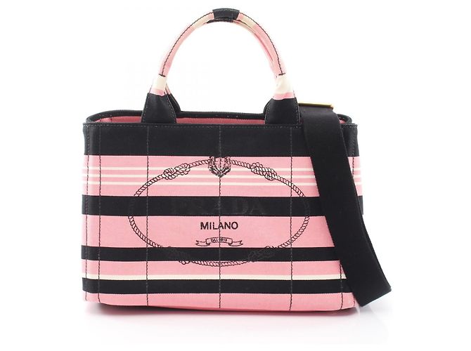 Prada CANAPA RIGHE Canvas Tote Bag Pink