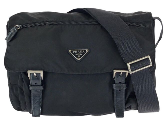 Borsa a Spalla Prada Nylon Leather Tessuto Triangle Logo Nero