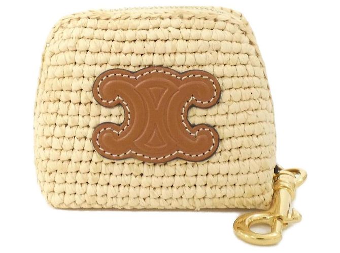 Céline Celine Chaveiro de couro de vitelo e ráfia Marrom Bege