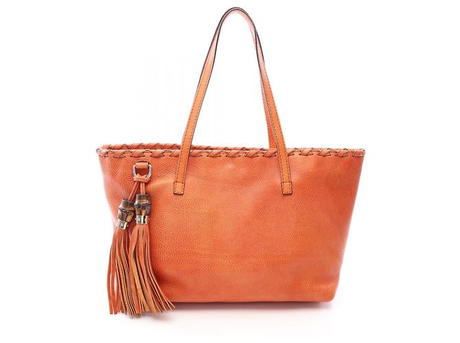 Bamboo Gucci Leather Tote Bag Orange