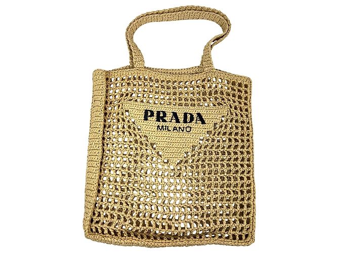 Bolso Tote Grande de Crochet de Rafia Prada Natural Castaño