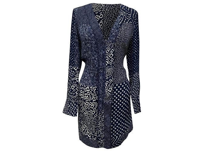 Mini abito Reid Patchwork stampato in seta blu navy Diane von Furstenberg