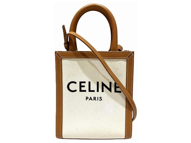 Céline CELINE Mini Vertical Cabas in Pelle di Vitello e Tela Borsa a Spalla Marrone Beige