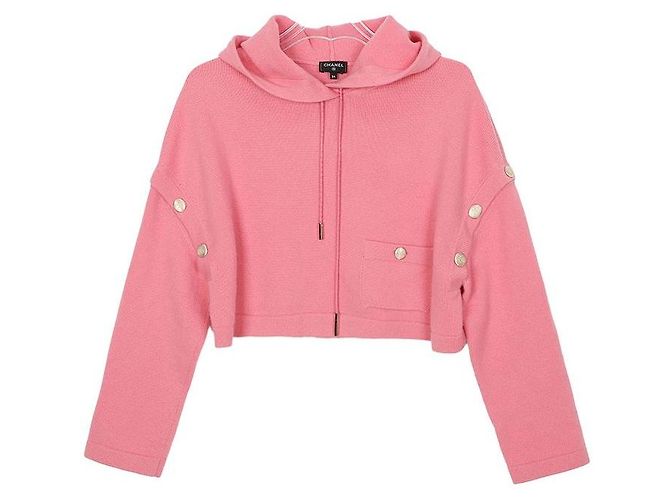 Chanel Kurz Strickjacke mit Kapuze und Cc Knopf Größe Cc Pink