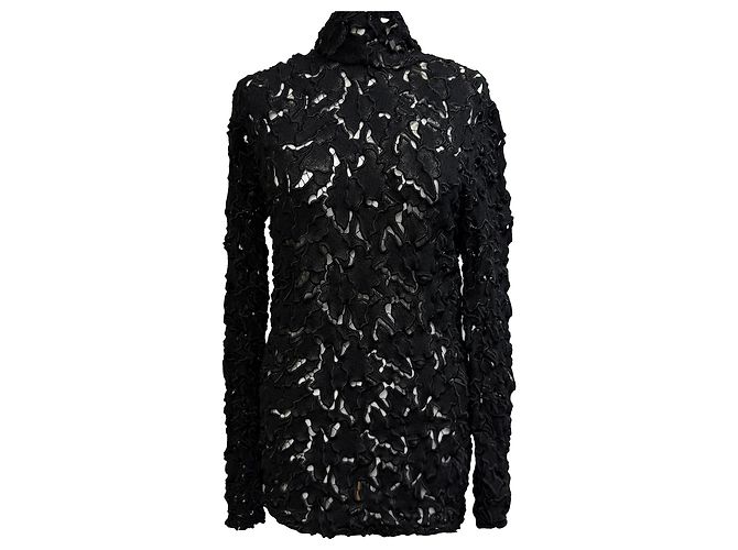 Bottega Veneta Rollkragenbluse mit Spitzenmuster in Schwarz aus Polyester