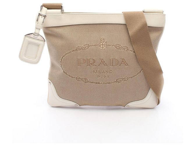 Bolsa de ombro em canvas jacquard com logo Prada e couro Marrom Bege