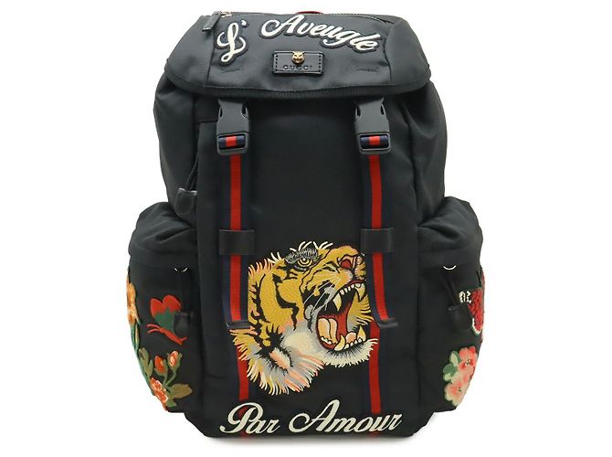 Gucci Embroidered Nylon Backpack Black