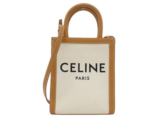 Cabas Céline Borsa Tote Celine Mini Vertical in tela di cotone e pelle di vitello Marrone Beige