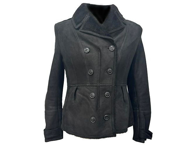Burberry Brit Chedleigh Double-Breasted Shearling Jacket in Black Leather