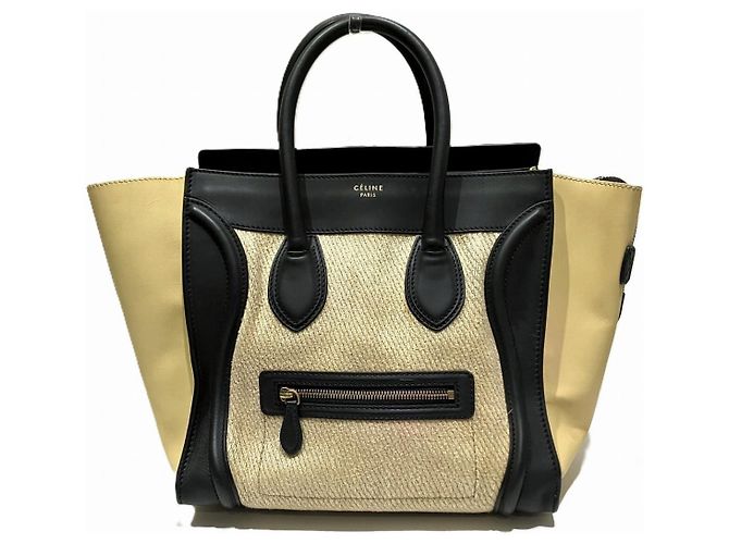 Céline Bolsa CELINE Luggage Mini Shopper de couro e linho Marrom Bege