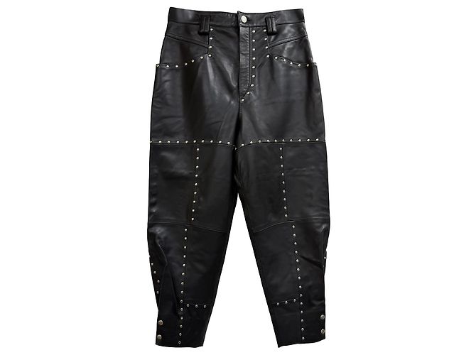 Calça afunilada com tachas Viamao em couro preto Isabel Marant