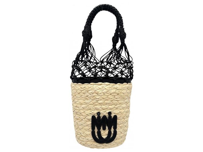 Borsa in paglia beige e nera Miu Miu Nero