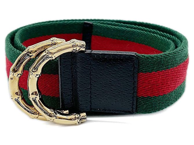 Cinturón Gucci Web Stripe Ring Bamboo Buckle Belt Roja Dorado Verde