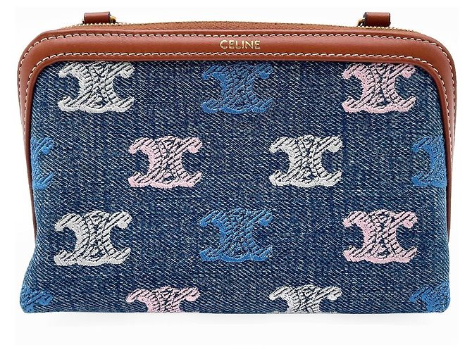Triomphe Céline Bolsa Clutch Celine em Denim com Corrente Marrom Azul Multicor