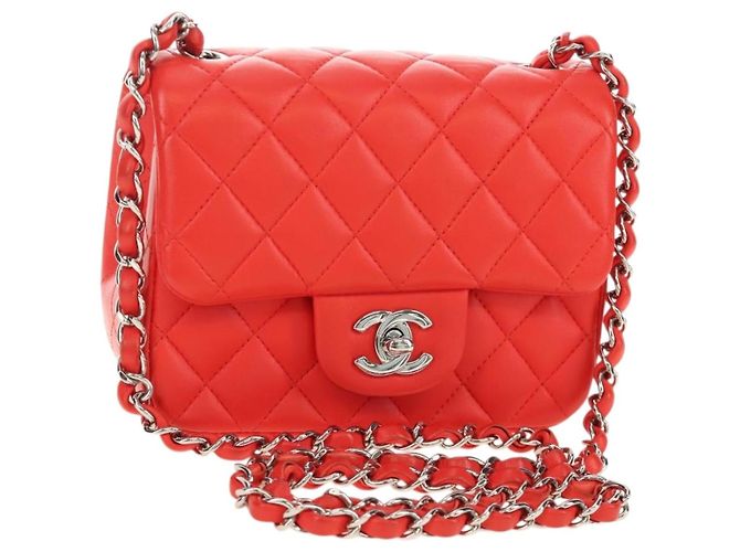 CHANEL Mini Matelasse 17 Chain Bag Lamb Skin Red Silver CC Auth 189072SM Plata Roja