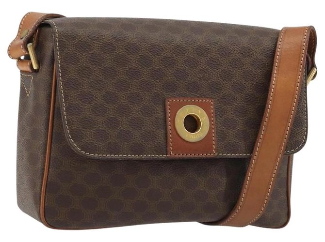 Céline Bolsa de ombro circular CELINE Macadam Canvas PVC Couro Marrom Ouro Auth 189684 Dourado