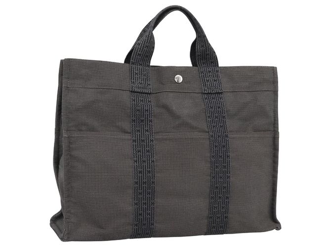 Hermès HERMES Her Line MM Hand Bag Canvas Gray Silver Auth 189625 Marron Argenté