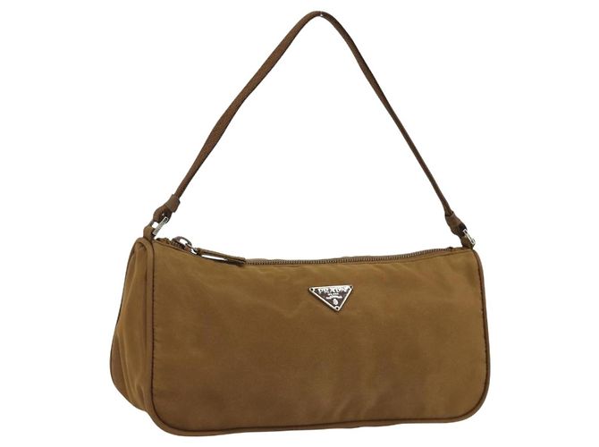 PRADA Accessory Pouch Nylon Brown Silver Auth 189617 Silvery