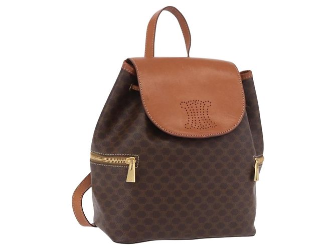 Céline CELINE Macadam Canvas Backpack PVC Leather Brown Gold Auth 188472V Golden
